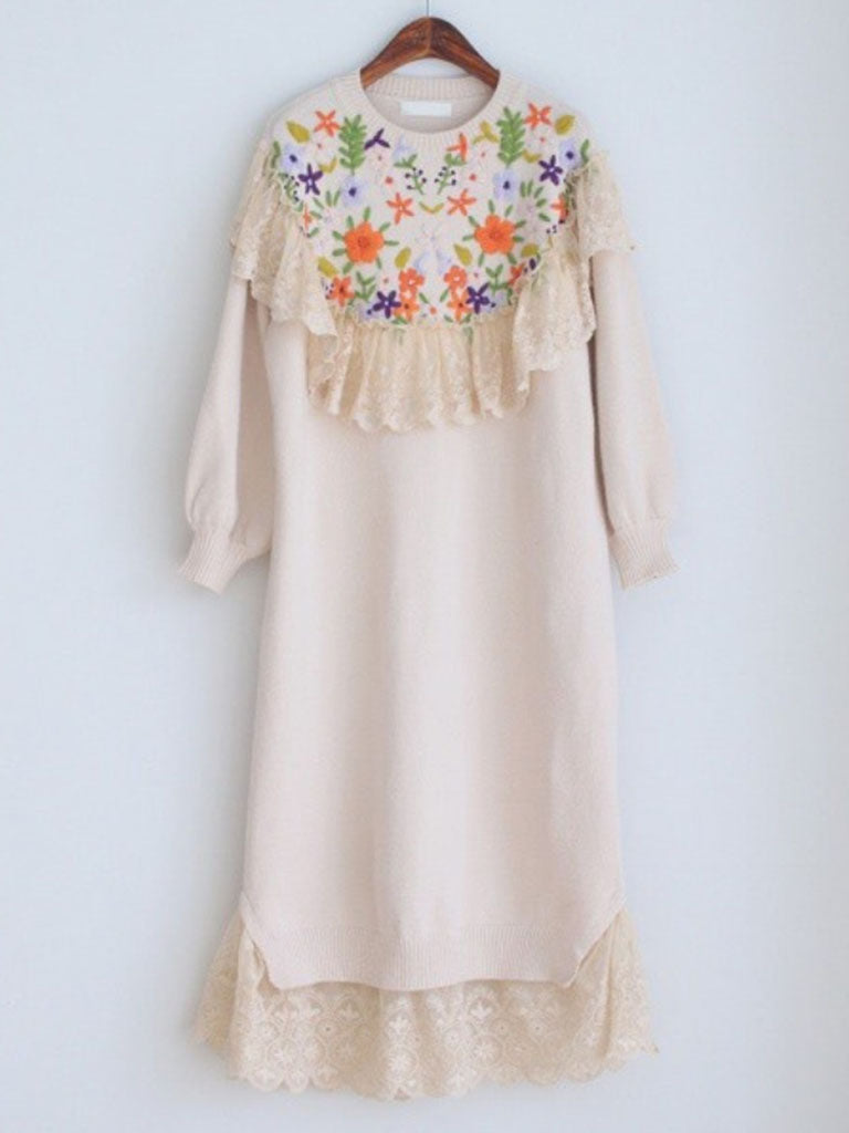 Embroidered Flower Puff Sleeve Vintage Knitting Sweater Dress