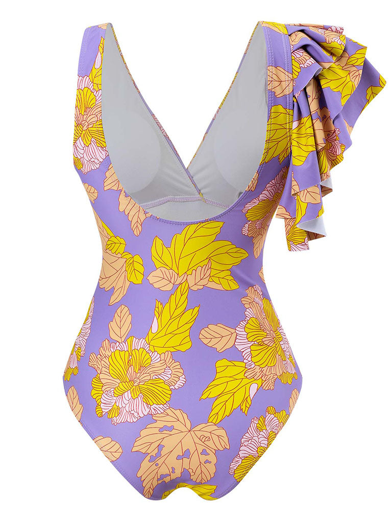 Purple Leaf Print V Neck One Piece With Bathing Suit Wrap Skirt – Jolly  Vintage