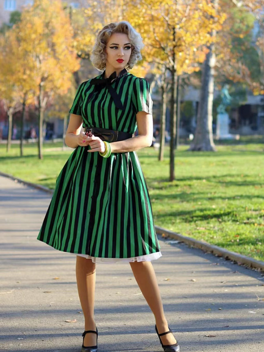 Green and Black Stripe With Pockets 50S Halloween Dress Jolly Vintage