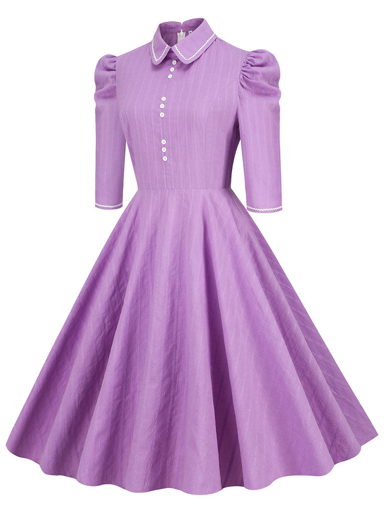 Women`s 1950s Vintage Pink Peter Pan Collar Swing Dress With Pockets