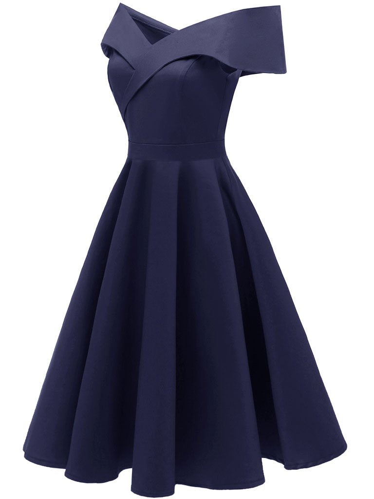 Navy 1950s Off Shoulder Swing Vintage Party Dress Jolly Vintage