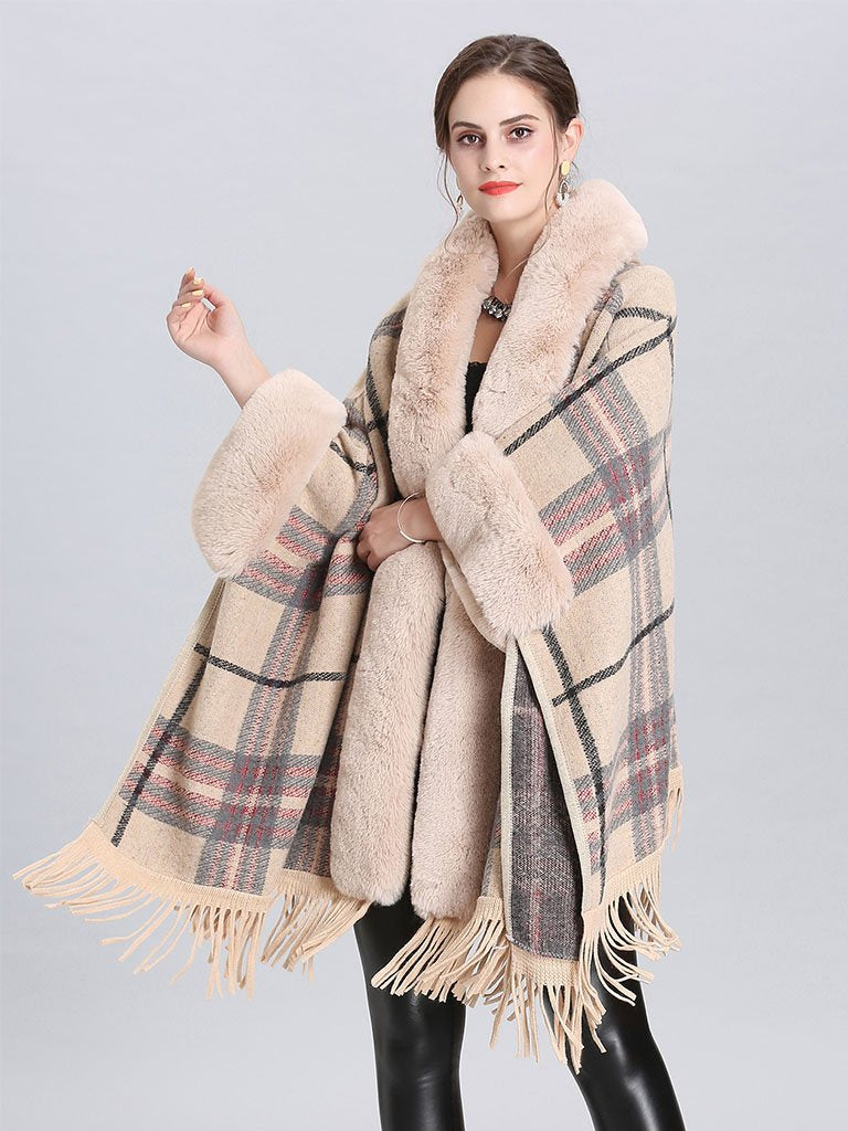 Faux Fur Coat Women Plaid Poncho Long Sleeve Batwing Oversized