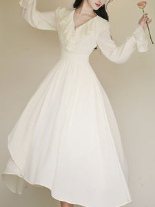 White V Neck Ruffles Edwardian Revival Chiffon Dress