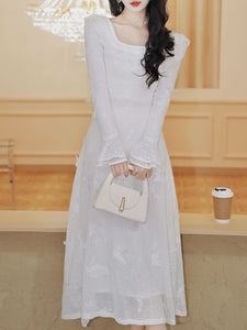 White 3D Butterfly Square Collar Long Sleeve Wedding Dress