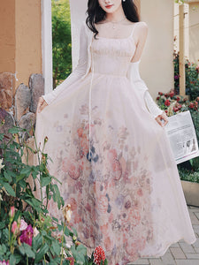 White U-neck Rose Print Vintage Swing Dress