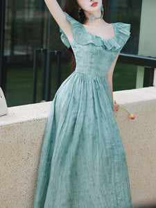 Blue Shoulder Ruffles 1950S Vintage Dress