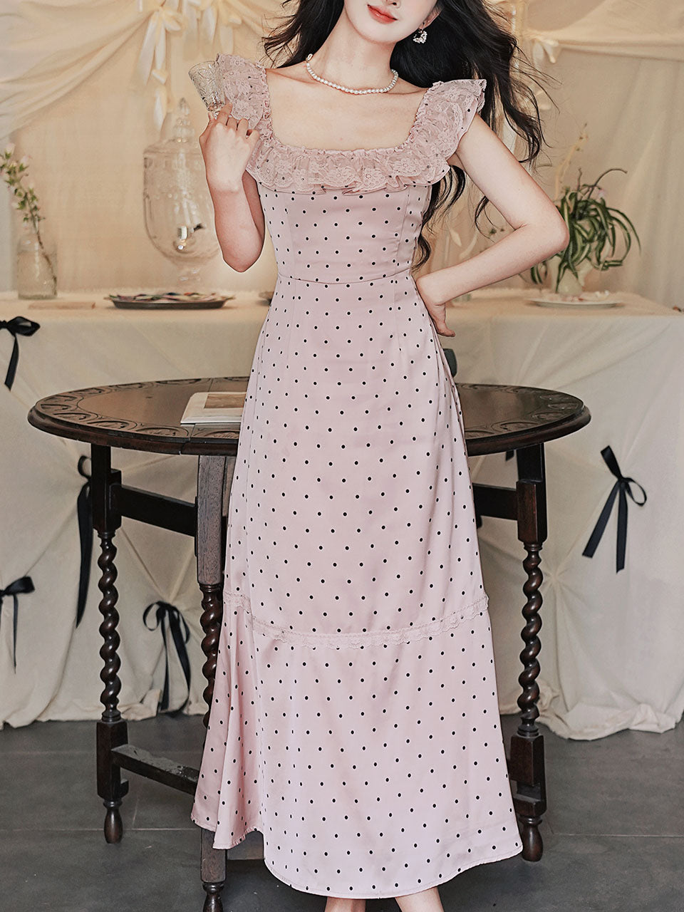 Pink Polka Dots Lace U-neck 1930S Vintage Dress