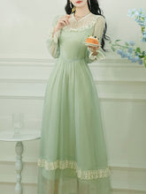 Load image into Gallery viewer, Green Lace Neck Ruffles Edwardian Revival Chiffon Dress