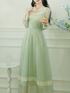 Green Lace Neck Ruffles Edwardian Revival Chiffon Dress