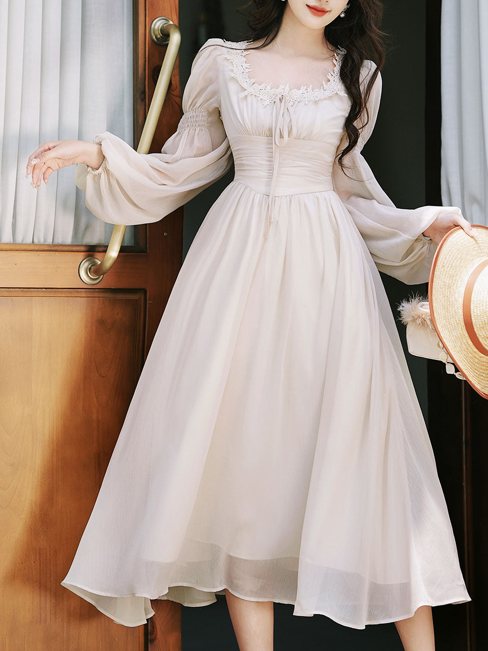 White Lace Neck Ruffles Edwardian Revival Chiffon Dress