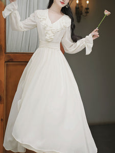 White V Neck Ruffles Edwardian Revival Chiffon Dress