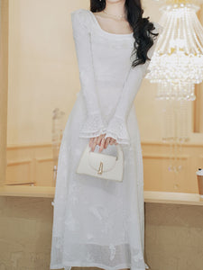 White 3D Butterfly Square Collar Long Sleeve Wedding Dress