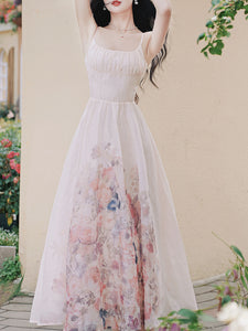 White U-neck Rose Print Vintage Swing Dress