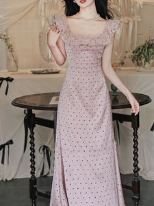 Pink Polka Dots Lace U-neck 1930S Vintage Dress