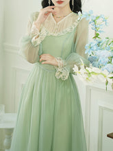 Load image into Gallery viewer, Green Lace Neck Ruffles Edwardian Revival Chiffon Dress