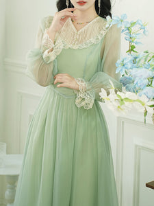 Green Lace Neck Ruffles Edwardian Revival Chiffon Dress