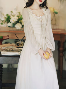 White Lace Neck Ruffles Edwardian Revival Chiffon Dress