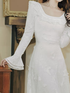 White 3D Butterfly Square Collar Long Sleeve Wedding Dress