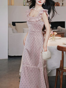 Pink Polka Dots Lace U-neck 1930S Vintage Dress