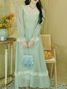 Green Lace Neck Ruffles Edwardian Revival Chiffon Dress