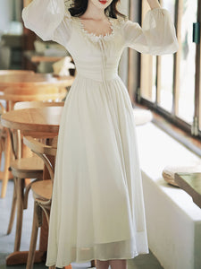 White Lace Neck Ruffles Edwardian Revival Chiffon Dress