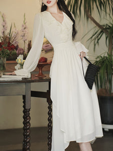 White V Neck Ruffles Edwardian Revival Chiffon Dress