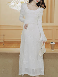 White 3D Butterfly Square Collar Long Sleeve Wedding Dress