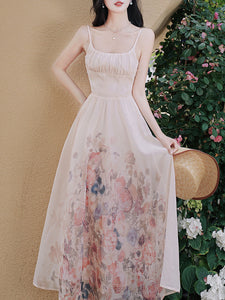 White U-neck Rose Print Vintage Swing Dress