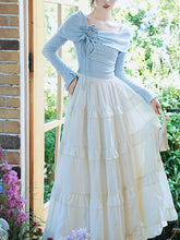 Load image into Gallery viewer, 2PS Blue Off Shoulder Long Sleeve Shirt And White Swing Skirt Outfits