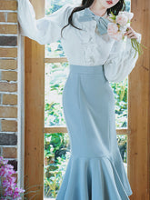 Load image into Gallery viewer, 2PS White Lace Bow Long Sleeve Shirt And Blue Fishtail Skirt Outfits