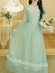 Green Lace Neck Ruffles Edwardian Revival Chiffon Dress