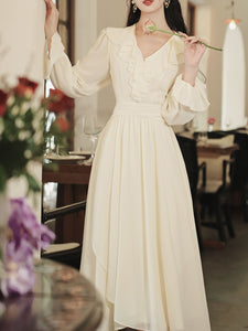 White V Neck Ruffles Edwardian Revival Chiffon Dress