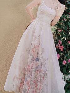 White U-neck Rose Print Vintage Swing Dress