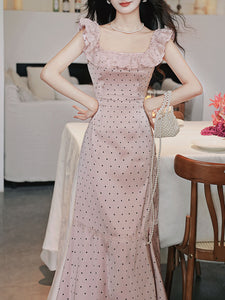 Pink Polka Dots Lace U-neck 1930S Vintage Dress