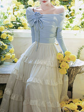 Load image into Gallery viewer, 2PS Blue Off Shoulder Long Sleeve Shirt And White Swing Skirt Outfits