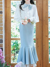 Load image into Gallery viewer, 2PS White Lace Bow Long Sleeve Shirt And Blue Fishtail Skirt Outfits