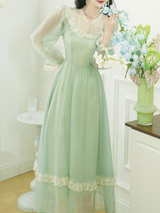 Green Lace Neck Ruffles Edwardian Revival Chiffon Dress