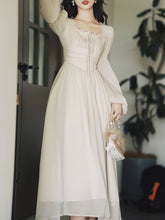 Load image into Gallery viewer, White Lace Neck Ruffles Edwardian Revival Chiffon Dress