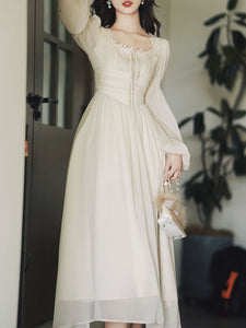 White Lace Neck Ruffles Edwardian Revival Chiffon Dress