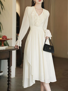 White V Neck Ruffles Edwardian Revival Chiffon Dress