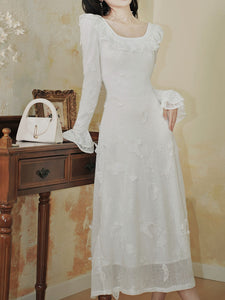 White 3D Butterfly Square Collar Long Sleeve Wedding Dress