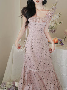 Pink Polka Dots Lace U-neck 1930S Vintage Dress