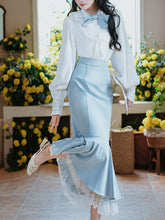 Load image into Gallery viewer, 2PS White Lace Bow Long Sleeve Shirt And Blue Fishtail Skirt Outfits