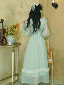 Green Lace Neck Ruffles Edwardian Revival Chiffon Dress