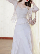 Load image into Gallery viewer, Grey Chiffon Multi-layered Fishtail Dress with Irregular Cardigan