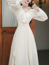 Load image into Gallery viewer, White V Neck Ruffles Edwardian Revival Chiffon Dress