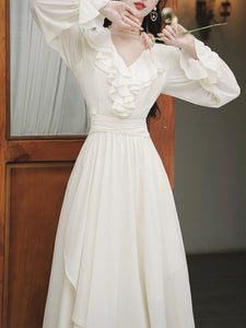 White V Neck Ruffles Edwardian Revival Chiffon Dress