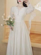 Load image into Gallery viewer, White V Neck Lace Long Sleeve Wedding Dress with Veil