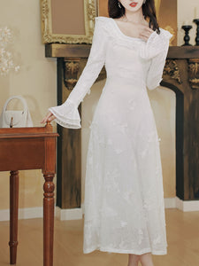 White 3D Butterfly Square Collar Long Sleeve Wedding Dress