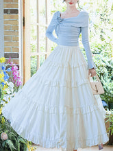 Load image into Gallery viewer, 2PS Blue Off Shoulder Long Sleeve Shirt And White Swing Skirt Outfits